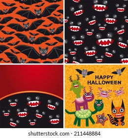 Happy Halloween set of two seamless patterns and two cards. Bats, monsters. Vector
