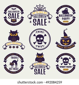 Happy Halloween! Set of typography badges isolated on white background. Vector elements for sale labels, party invitations, greeting cards or other holiday design.