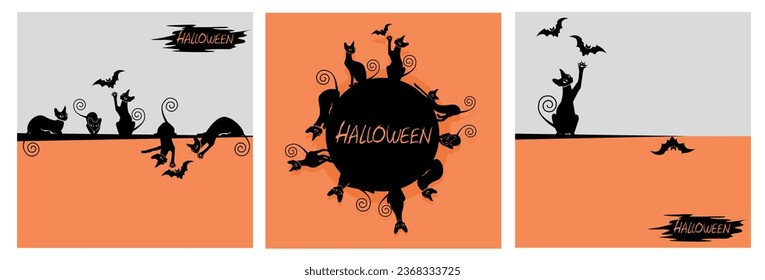 Happy Halloween set of vector backgrounds with black cats and bats on an orange background.