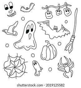 Happy halloween. Set of vector black and white elements. Hand drawn cute illustration isolated on white background. Ghost, broom, bat