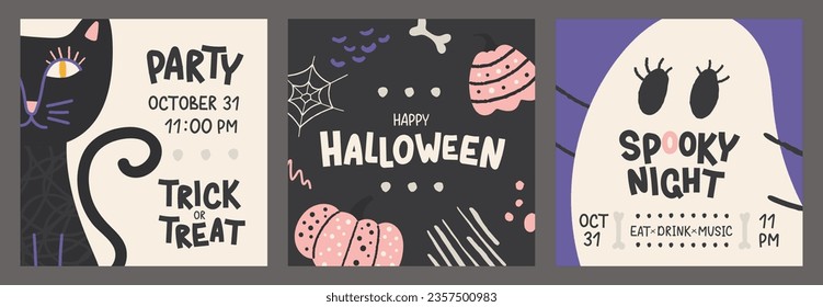 Happy Halloween. Set of vector cards with hand drawn elements. Postcards or invitations with funny cat, ghost and pumpkins.