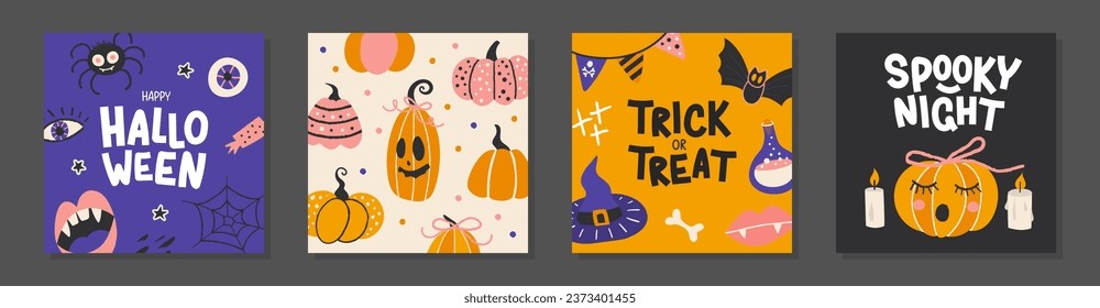 Happy Halloween. Set of vector cards with hand drawn elements. Cards or invitations with funny pumpkin, ghost, spider, cauldron, web and more.