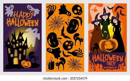 Happy Halloween. Set of vector designs for party invitations, greeting cards, covers with handwritten letteringim and traditional symbols.