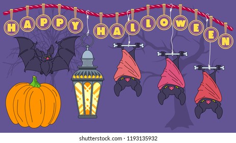 Happy Halloween set. Vector illustration of bats and halloween lettering.