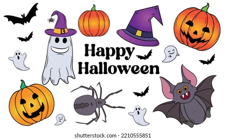 Happy Halloween set vector illustration pumpkin, witch, Ghost, Bat, Spider, Witch Hat Halloween vector illustration