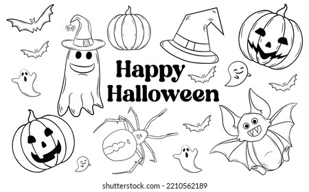 Happy Halloween set vector illustration Coloring page  pumpkin, witch, Ghost, Bat, Spider, Witch Hat Halloween elements Black and white vector illustration