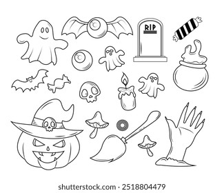 Happy Halloween set vector illustration Coloring page pumpkin, witch, Ghost, Bat,Witch Hat Halloween elements Black and white vector