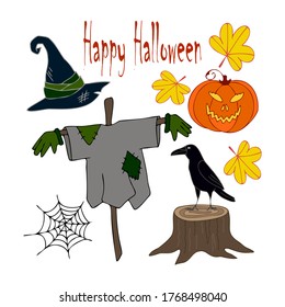 Happy Halloween. Set of vector images for stickers, your poster design, postcards. Scarecrow, pumpkin, Raven, spider web, witch's hat, stump.