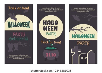 Happy Halloween. Set of vertical flyer, poster, invitation. Doodle hand drawn characters, elements. Moon, silhouette of bat, tomb, spooky cemetery. Autumn holiday of dead. Vector cartoon illustration