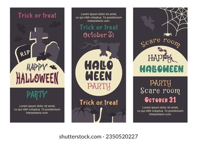 Happy Halloween. Set of vertical flyer, poster, invitation. Hand drawn elements. Moon, silhouette of bat, spider, spooky cemetery, pumpkin. Autumn holiday of dead. Vector cartoon illustration