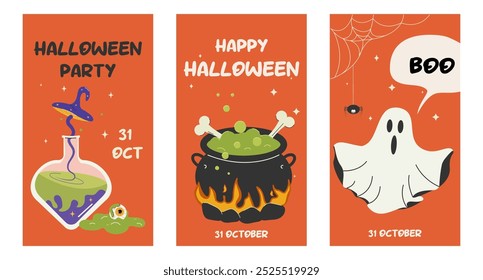 Happy Halloween. A set of vertical posters, a cover for social media posts, party invitations, cards. A ghost, a witch's cauldron with boiling potion, magic mushrooms, bones. Vector illustration