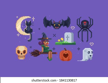 Happy halloween set  Witch  ghost  night cat  spider  skull  pumpkin  bat  stone  Vector illustration in pixel art style