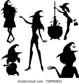 Happy halloween set of witches black silhouettes isolated on white background.
Vector illustration, clip art, icons