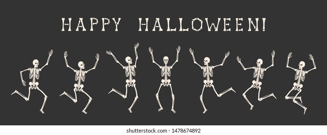 Happy Halloween. Seven white human skeletons are dancing on a party. Vector illustration is isolated on black background.