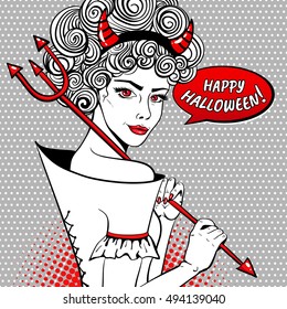 Happy Halloween! Sexy devil smiling woman with curly hair, red horns, trident and speech bubble. Vector background in pop art retro comic style. Halloween party invitation poster.