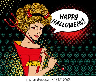  ¡Feliz Halloween! Sexy sorprendida mujer diabólica con el pelo rizado jengibre, cuernos rojos, tridente y burbuja de habla. Antecedentes vectoriales en estilo retro de arte pop. Afiche de la invitación a la fiesta de Halloween.