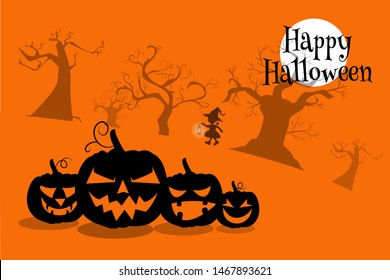 Happy Halloween. Shadow, silhouette of scary pumpkins, clumsy trees, girls in witch hat with lantern. Holiday card