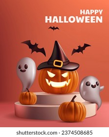 Happy Halloween showcase minimalistic stage with an orange backdrop and 3d pumpkin, ghost, bats. Product presentations and holiday promotions, spooky elegance design. Not AI