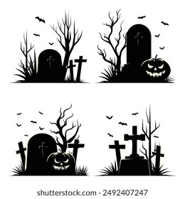 Happy Halloween sign or badge Vector Silhouette. Cemetery with tombstones, flying bats, trees and scary pumpkins