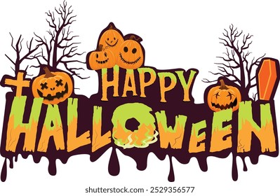 
Happy halloween sign flat classical handdrawn horror pumpkins stylize texts tombs leafless trees outline