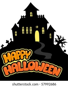 Happy Halloween sign with house - vector illustration.