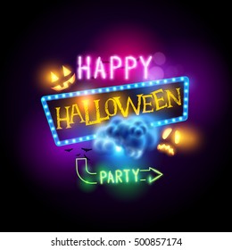 Happy halloween sign with jack O Lanterns and neon letters. Vector illustration.