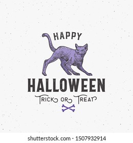Happy Halloween Sign, Logo or Label Template. Hand Drawn Colorful Cat Sketch Symbol with Retro Typography. Shabby Textures. Isolated.