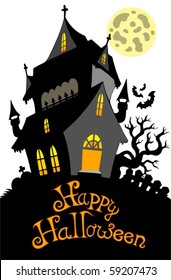 Happy Halloween sign with mansion - vector illustration.