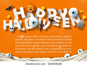 Happy Halloween with sign object of Halloween  in paper cut style and example texts on spider webs and orange paper pattern background.