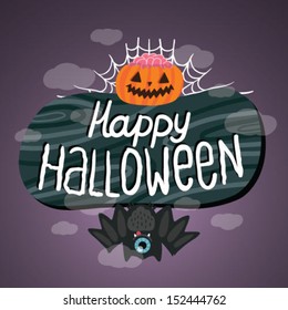 Happy Halloween sign with pumpkin, bat, web. Halloween background