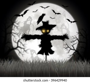 Happy Halloween sign with scarecrow - vector illustration.
