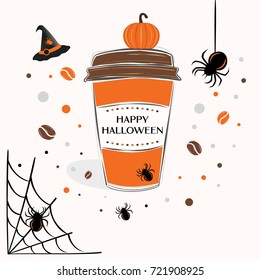 Happy Halloween sign text over paper coffee cup with abstract coffee beans and halloween background vector illustration. Line design hand drawn coffee cup.