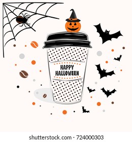Happy Halloween sign text over paper coffee cup with abstract coffee beans and halloween background vector illustration. Line design hand drawn coffee cup.