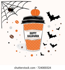 Happy Halloween sign text over paper coffee cup with abstract coffee beans and halloween background vector illustration. Line design hand drawn coffee cup.