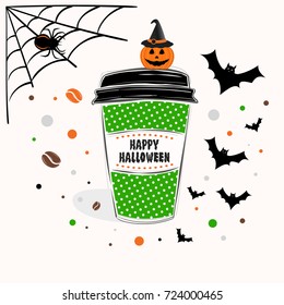 Happy Halloween sign text over paper coffee cup with abstract coffee beans and halloween background vector illustration. Line design hand drawn coffee cup.
