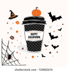 Happy Halloween sign text over paper coffee cup with abstract coffee beans and halloween background vector illustration. Line design hand drawn coffee cup.