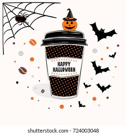 Happy Halloween sign text over paper coffee cup with abstract coffee beans and halloween background vector illustration. Line design hand drawn coffee cup.