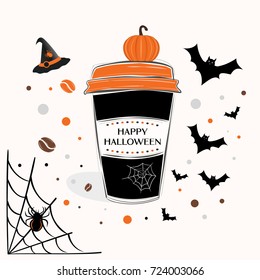 Happy Halloween sign text over paper coffee cup with abstract coffee beans and halloween background vector illustration. Line design hand drawn coffee cup.