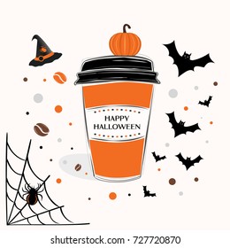 Happy Halloween sign text over paper coffee cup with abstract coffee beans and halloween background vector illustration. Line design hand drawn coffee cup.