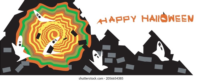 Happy Halloween sign with a vortex sucking up roof bricks and ghosts. Vector illustration.