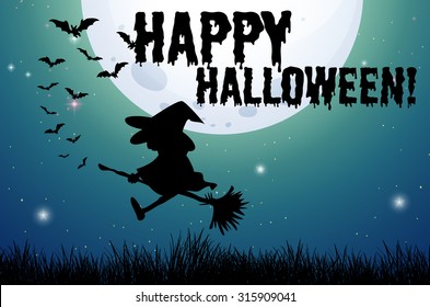 Happy halloween sign with witch on broom illustration