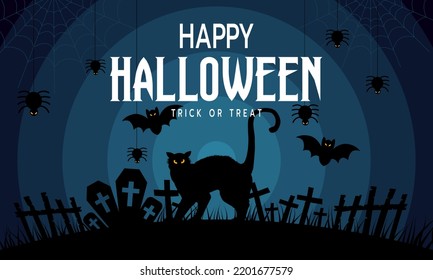 Happy Halloween silhouette background cemetery with text, cat, bats  and spider, vector illustration.