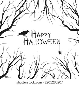 Happy Halloween silhouette background with trees, spider and raven