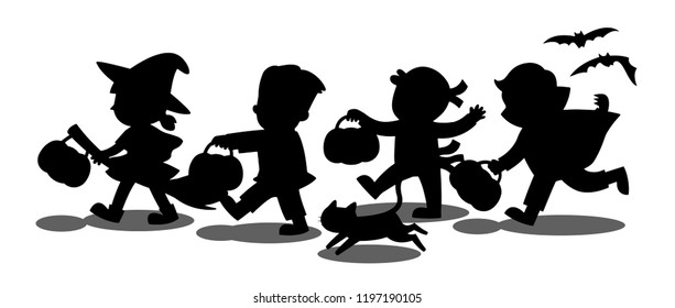 Happy Halloween. Silhouette of Children dressed in Halloween fancy dress to go Trick or Treating.
Template for advertising brochure.