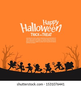 Happy Halloween. Silhouette of Children in Halloween fancy dress to go Trick or Treating.Template for advertising brochure.