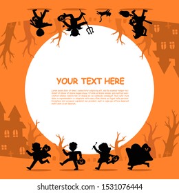 Happy Halloween. Silhouette of  Children in Halloween fancy dress to go Trick or Treating.Template for advertising brochure.