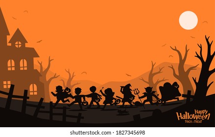 Happy Halloween. Silhouette of Children in Halloween fancy dress to go Trick or Treating.Template for advertising brochure.