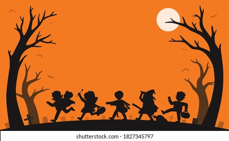 Happy Halloween. Silhouette of Children in Halloween fancy dress to go Trick or Treating.Template for advertising brochure.