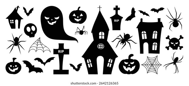 Happy Halloween silhouette element vector set. Collection of ghost, spirit, castle, grave, pumpkin, spider, cobweb, skull, bat. Isolated icon holidays for festival, sticker, card, decorative.