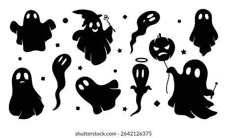 Happy Halloween silhouette element vector set. Collection of ghost, spirit, pumpkin, star. Halloween decoration Isolated icon holidays for festival, sticker, card, decorative.